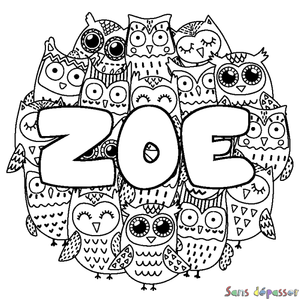 Coloriage pr&eacute;nom ZOE - d&eacute;cor Chouettes