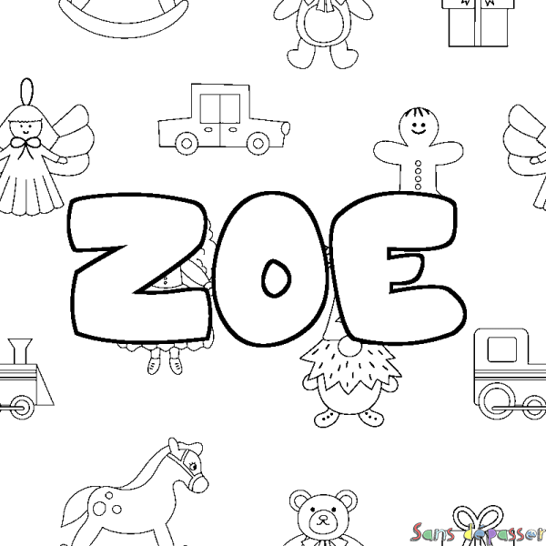 Coloriage pr&eacute;nom ZOE - d&eacute;cor Jouets