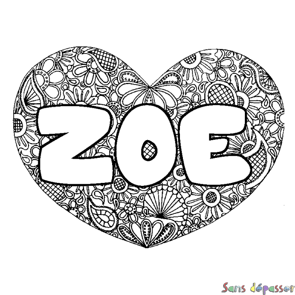 Coloriage prénom ZOE - d&eacute;cor Mandala coeur