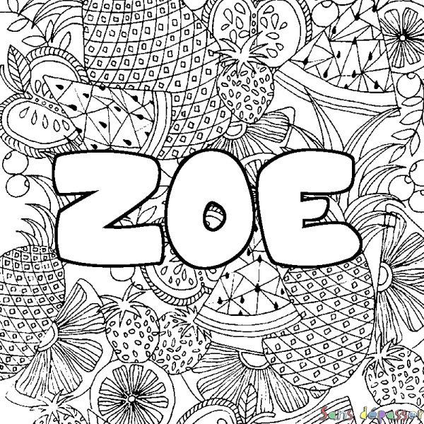 Coloriage pr&eacute;nom ZOE - d&eacute;cor Mandala fruits