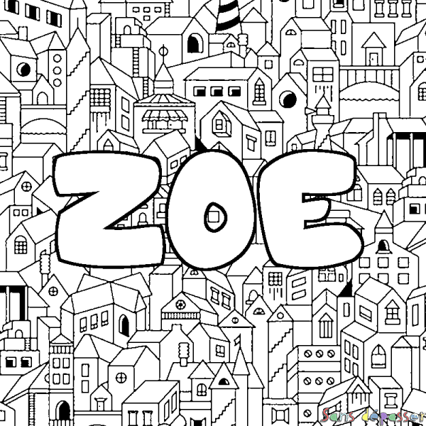 Coloriage prénom ZOE - d&eacute;cor Ville