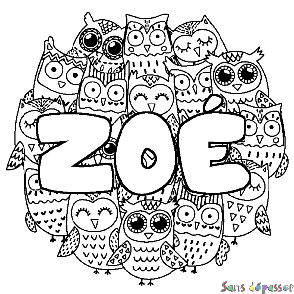 Coloriage pr&eacute;nom ZO&Eacute; - d&eacute;cor Chouettes