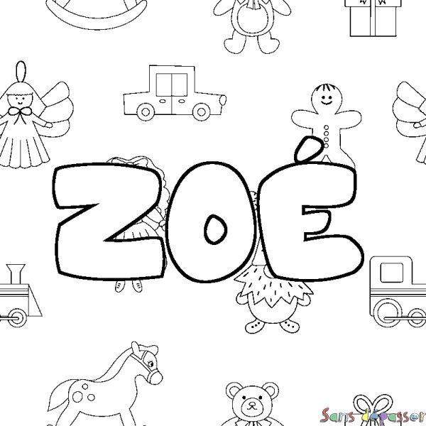 Coloriage pr&eacute;nom ZO&Eacute; - d&eacute;cor Jouets