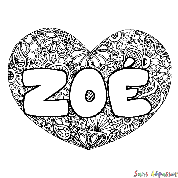 Coloriage pr&eacute;nom ZO&Eacute; - d&eacute;cor Mandala coeur
