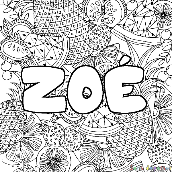 Coloriage pr&eacute;nom ZO&Eacute; - d&eacute;cor Mandala fruits