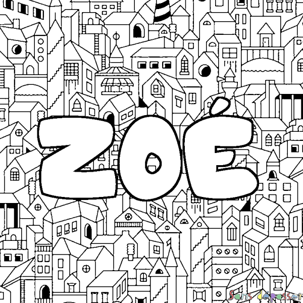 Coloriage pr&eacute;nom ZO&Eacute; - d&eacute;cor Ville