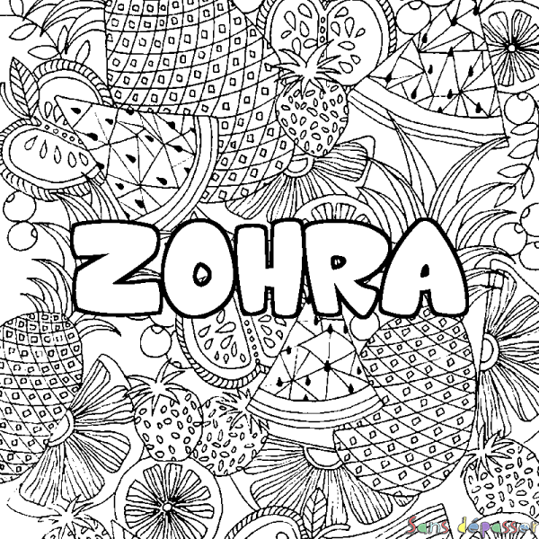 Coloriage pr&eacute;nom ZOHRA - d&eacute;cor Mandala fruits