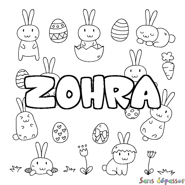 Coloriage pr&eacute;nom ZOHRA - d&eacute;cor Paques