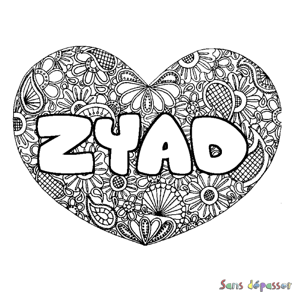 Coloriage prénom ZYAD - d&eacute;cor Mandala coeur