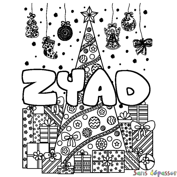 Coloriage prénom ZYAD - d&eacute;cor Sapin et Cadeaux