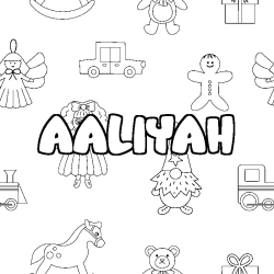 Coloriage prénom AALIYAH - décor Jouets