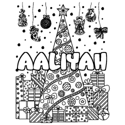 Coloriage prénom AALIYAH - décor Sapin et Cadeaux