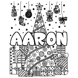Coloriage prénom AARON - décor Sapin et Cadeaux