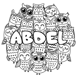 Coloriage prénom ABDEL - décor Chouettes