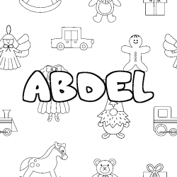 Coloriage prénom ABDEL - décor Jouets