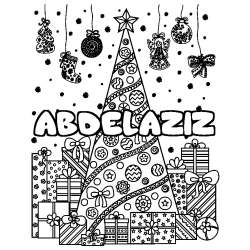 Coloriage prénom ABDELAZIZ - décor Sapin et Cadeaux