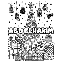 Coloriage prénom ABDELHAKIM - décor Sapin et Cadeaux