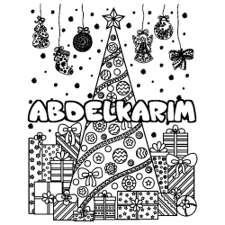 Coloriage pr&eacute;nom ABDELKARIM - d&eacute;cor Sapin et Cadeaux