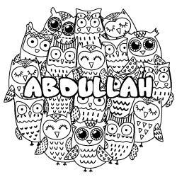 Coloriage prénom ABDULLAH - décor Chouettes