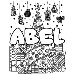 Coloriage prénom ABEL - décor Sapin et Cadeaux
