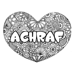 Coloriage pr&eacute;nom ACHRAF - d&eacute;cor Mandala coeur