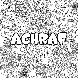 Coloriage pr&eacute;nom ACHRAF - d&eacute;cor Mandala fruits