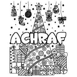 Coloriage prénom ACHRAF - décor Sapin et Cadeaux