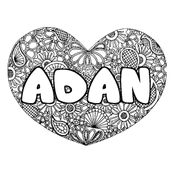 Coloriage pr&eacute;nom ADAN - d&eacute;cor Mandala coeur