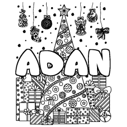Coloriage prénom ADAN - décor Sapin et Cadeaux
