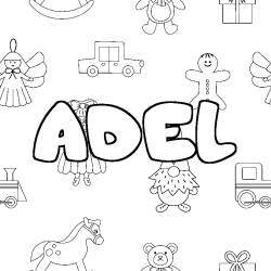 Coloriage pr&eacute;nom ADEL - d&eacute;cor Jouets