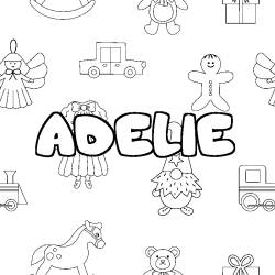 Coloriage pr&eacute;nom ADELIE - d&eacute;cor Jouets