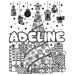 Coloriage prénom ADELINE - décor Sapin et Cadeaux