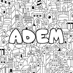 Coloriage pr&eacute;nom ADEM - d&eacute;cor Ville