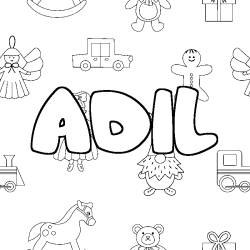 Coloriage pr&eacute;nom ADIL - d&eacute;cor Jouets