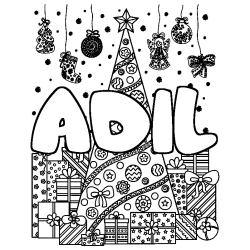 Coloriage prénom ADIL - décor Sapin et Cadeaux