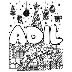 Coloriage pr&eacute;nom ADIL - d&eacute;cor Sapin et Cadeaux