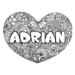 Coloriage prénom ADRIAN - décor Mandala coeur