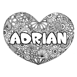 Coloriage pr&eacute;nom ADRIAN - d&eacute;cor Mandala coeur