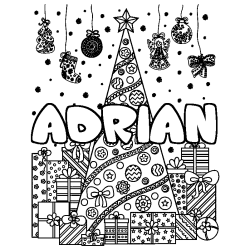 Coloriage prénom ADRIAN - décor Sapin et Cadeaux