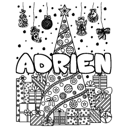 Coloriage prénom ADRIEN - décor Sapin et Cadeaux
