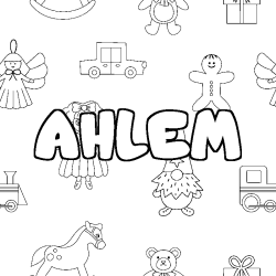 Coloriage pr&eacute;nom AHLEM - d&eacute;cor Jouets