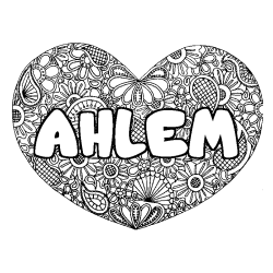 Coloriage pr&eacute;nom AHLEM - d&eacute;cor Mandala coeur