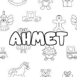 Coloriage pr&eacute;nom AHMET - d&eacute;cor Jouets