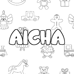 Coloriage prénom AICHA - décor Jouets