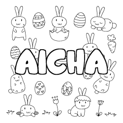Coloriage pr&eacute;nom AICHA - d&eacute;cor Paques