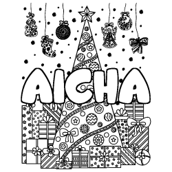 Coloriage prénom AICHA - décor Sapin et Cadeaux