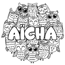 Coloriage pr&eacute;nom A&Iuml;CHA - d&eacute;cor Chouettes