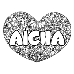 Coloriage pr&eacute;nom A&Iuml;CHA - d&eacute;cor Mandala coeur