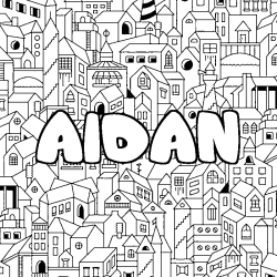 Coloriage pr&eacute;nom AIDAN - d&eacute;cor Ville