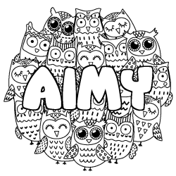 Coloriage pr&eacute;nom AIMY - d&eacute;cor Chouettes